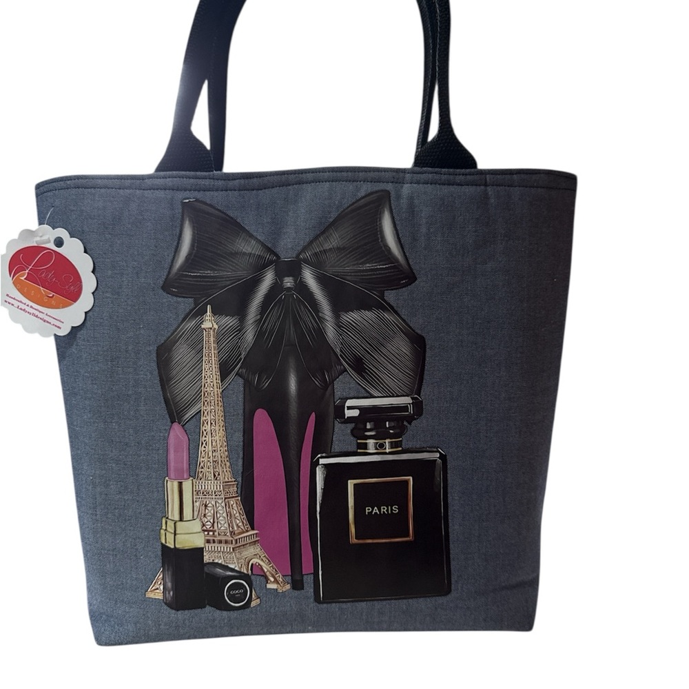 Women's Dark Gray Paris Print Tote Bag with Pink Accents